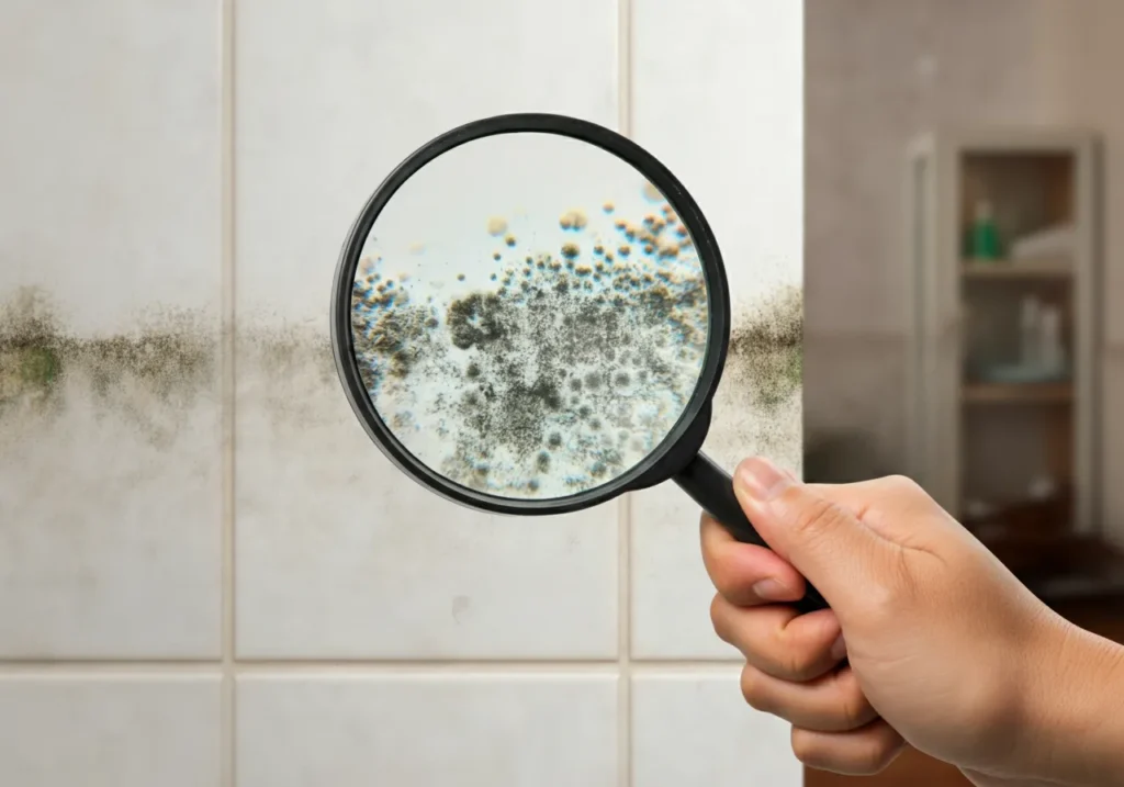 mould on damp tiles highlighted through a magnifying glass