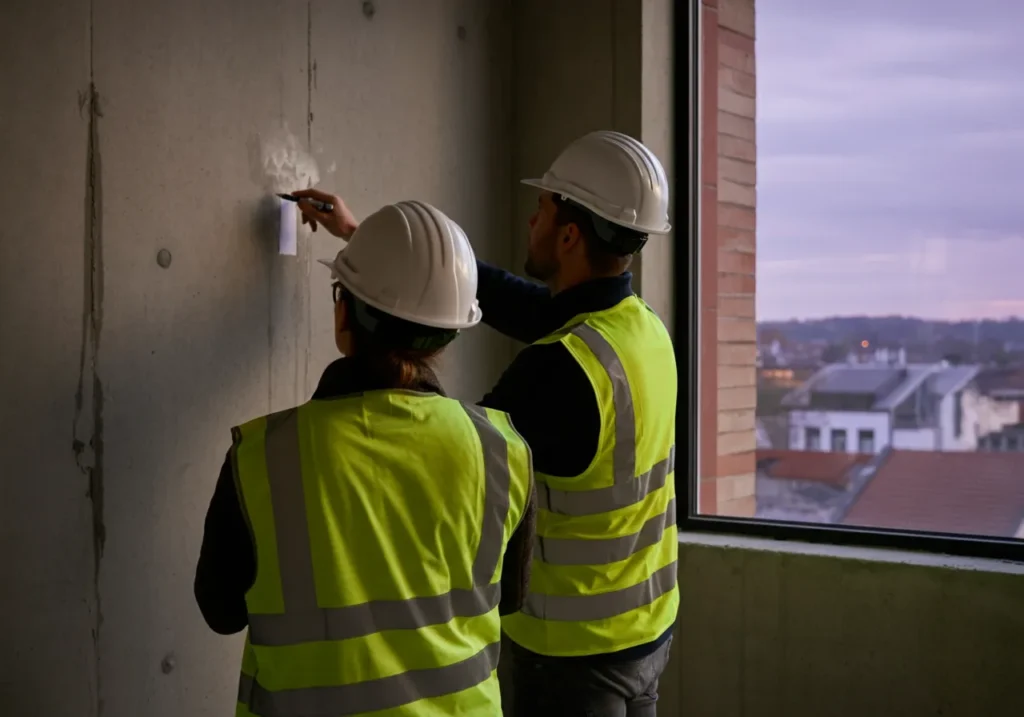 two damp survey inspectors assess a damp wall